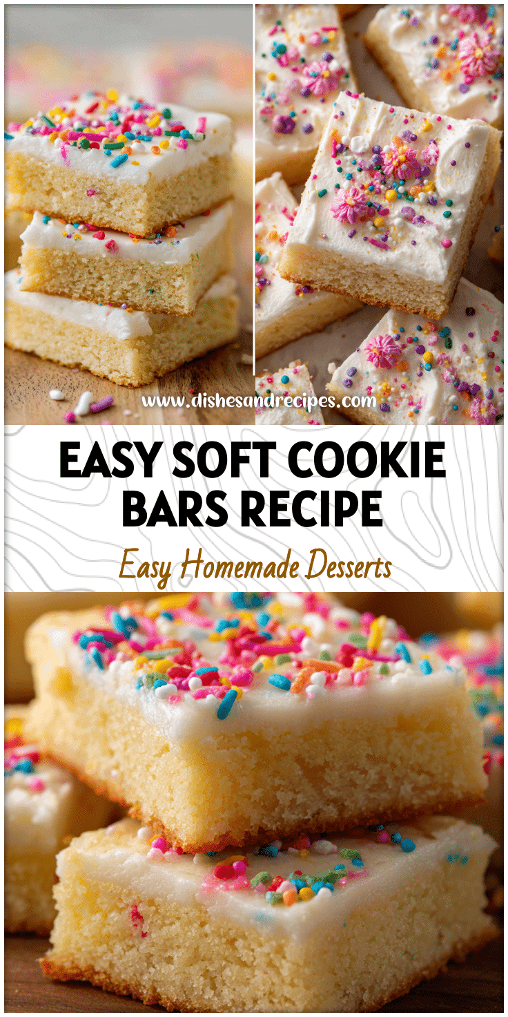 Square pan of sugar cookie bars cut into neat chewy slices with frosting and sprinkles on top.